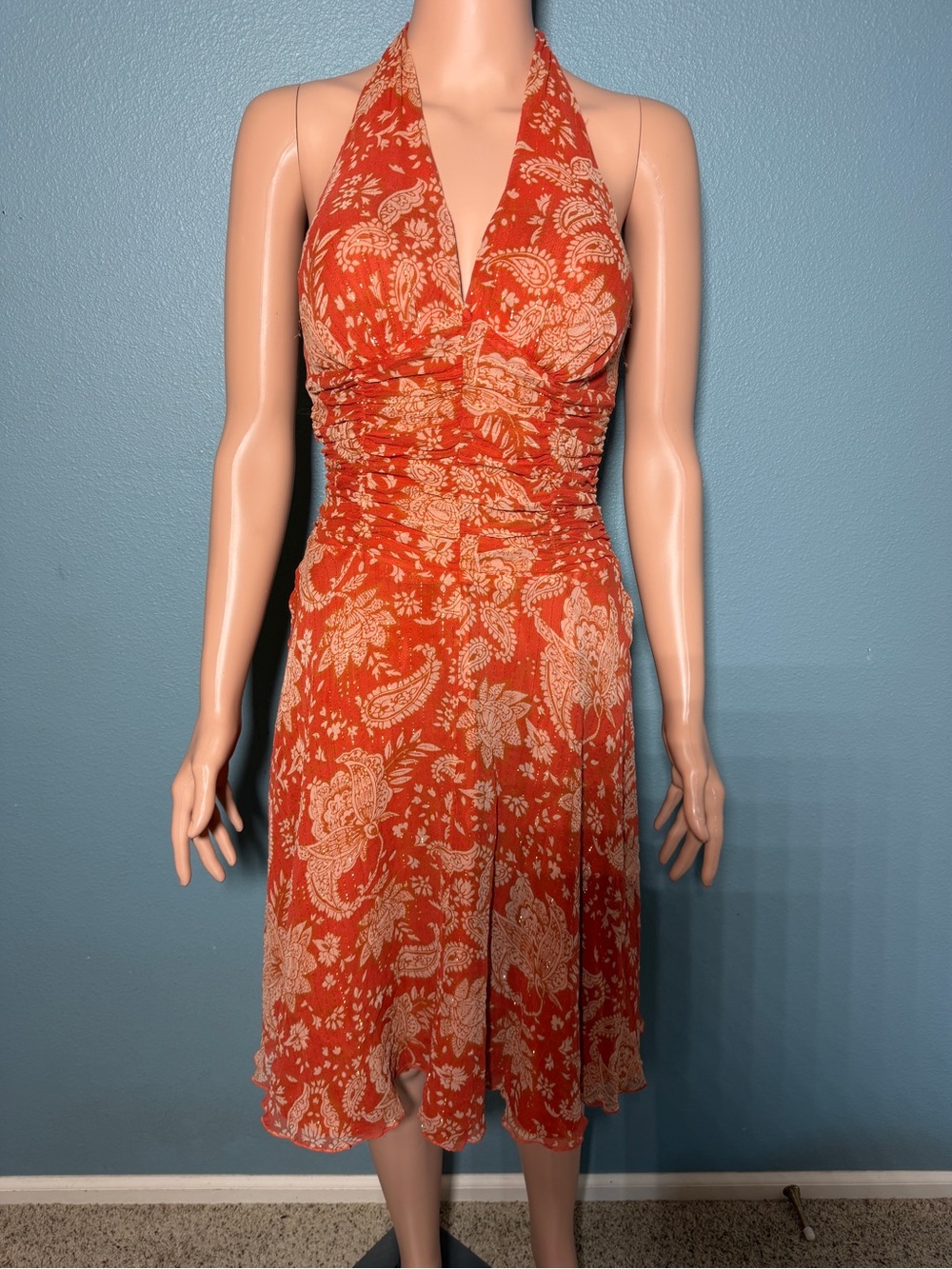 Women's Orange Halter Floral Midi Dress